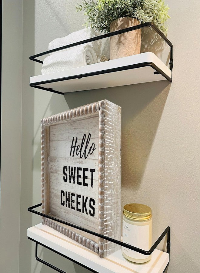 ZLFart Boho Farmhouse Wooden Framed Bathroom Decor Signs, Funny Restroom Decorative Plaque Small Cute, Toilet Rules Shelf Decoration (Hello Sweet Cheeks) - Image 3